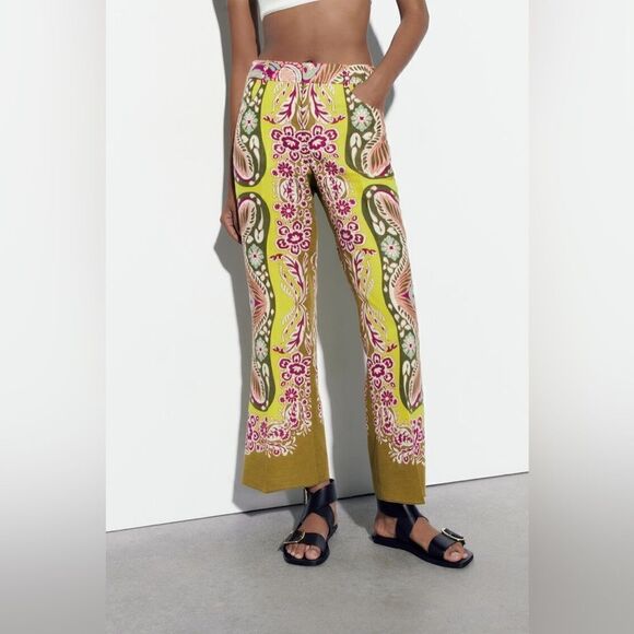 Zara CROP FLARE LINEN BLEND PANTS L XXL - Picture 4 of 5